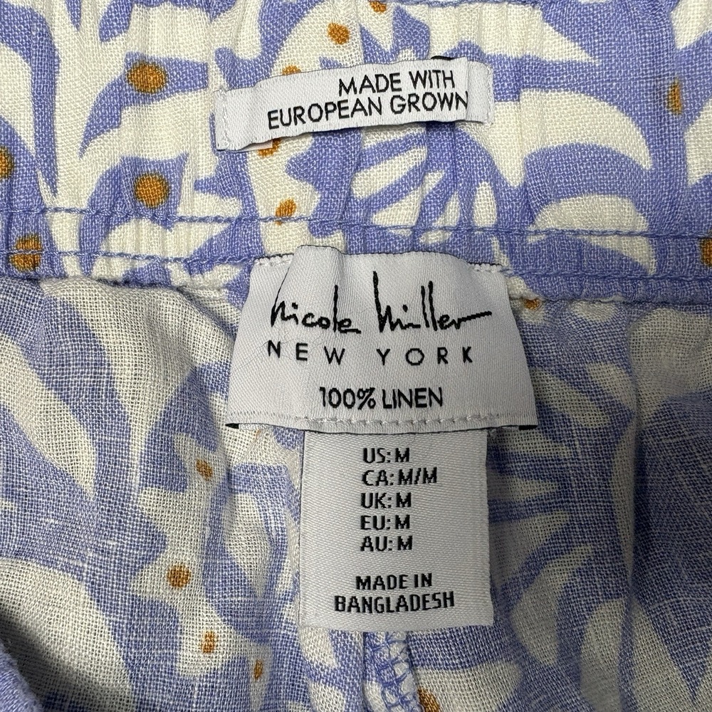 Nicole Miller Medium 100% Linen Crop Pants Blue White Floral Pull On Pockets - Picture 6 of 9